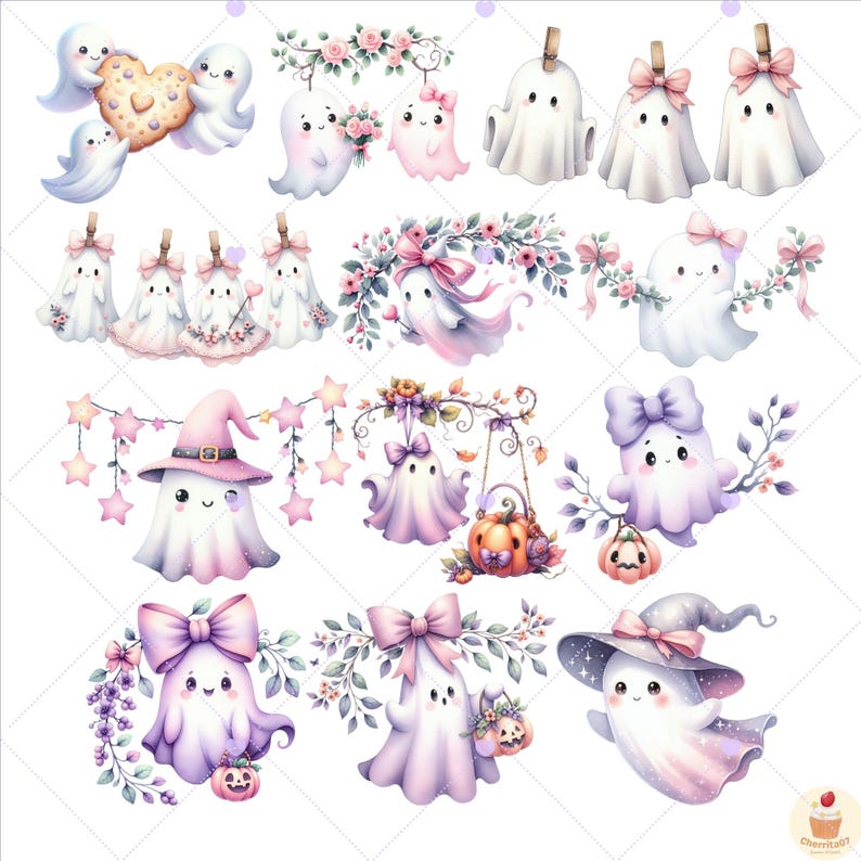 May include: Watercolor illustrations of cute ghosts in various poses. Some ghosts have bows, hats, or are holding pumpkins. Others are decorated with flowers and stars. The color palette includes soft pinks, purples, and whites, perfect for Halloween or fall-themed projects.