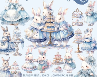 Bunny Tea Party Clipart, Spring Bunnies, Watercolor Easter Rabbit PNG, Floral Clipart, blue bunny clipart, Bunny Nursery, Commercial Use