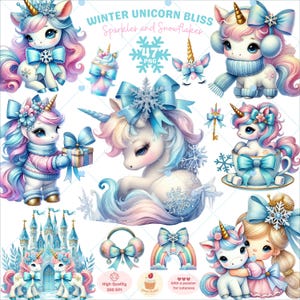 Imágenes prediseñadas de unicornio de invierno, unicornio pastel (PNG), lindo unicornio con copos de nieve y lazo, unicornio navideño (PNG), imágenes prediseñadas de cuento de hadas, uso comercial