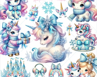 Winter Unicorn Clipart, Pastel Unicorn png, Cute Unicorn with Snowflakes and Bow, Christmas Unicorn png, Fairy Tale Clipart, Commercial Use