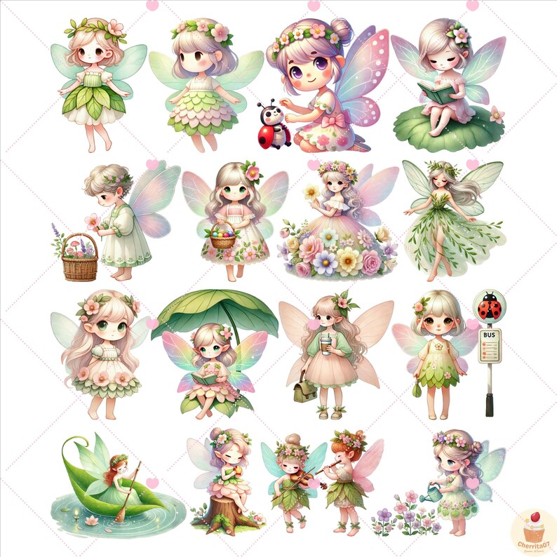 Fairy Garden Clipart: Pink & Green Watercolor Spring (PNG, Commercial ...