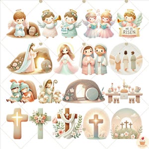 May include: A collection of Easter-themed illustrations featuring angels, crosses, tombstones, and a Last Supper scene. The illustrations are in a cartoon style with pastel colors and soft features.