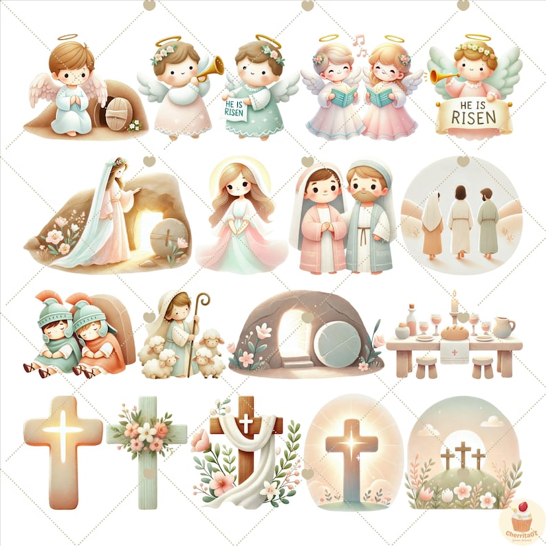 May include: A collection of Easter-themed illustrations featuring angels, crosses, tombstones, and a Last Supper scene. The illustrations are in a cartoon style with pastel colors and soft features.