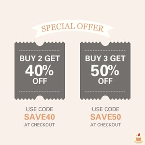 K&ouml;nnte beinhalten: Eine Grafik mit einem Sonderangebot mit zwei Rabattcoupons. Der erste Coupon lautet "Kaufe 2, erhalte 40 % Rabatt" und der zweite Coupon lautet "Kaufe 3, erhalte 50 % Rabatt". Beide Coupons haben einen grauen Hintergrund und wei&szlig;en Text. Die Coupons enthalten auch einen Rabattcode, der an der Kasse verwendet werden kann: SAVE40 und SAVE50.