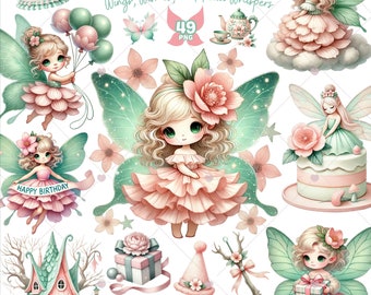 Verzauberte Fee Geburtstag Clipart, Fee png, Fantasy Clipart, Baby Mädchen, Gartenfee, Märchen png, Scrapbooking, kommerzielle Nutzung