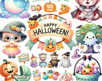 Halloween Clipart, Cute Ghost png, Cute Halloween Animals Clipart, Witch png, Autumn clipart, Pumpkin Clipart, Spooky png, Commercial Use