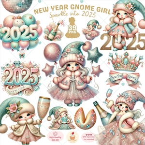 Clipart fille nain nouvel an, nouvel an 2025 png, clipart Champagne, fête Png, clipart festif nain, clipart nain d'hiver, usage Commercial