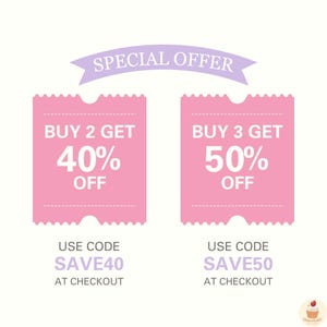 May include: A promotional graphic with a light purple banner reading "SPECIAL OFFER." Two pink coupons offer discounts: "BUY 2 GET 40% OFF" and "BUY 3 GET 50% OFF." Each coupon includes a unique code: SAVE40 and SAVE50, to be used at checkout.