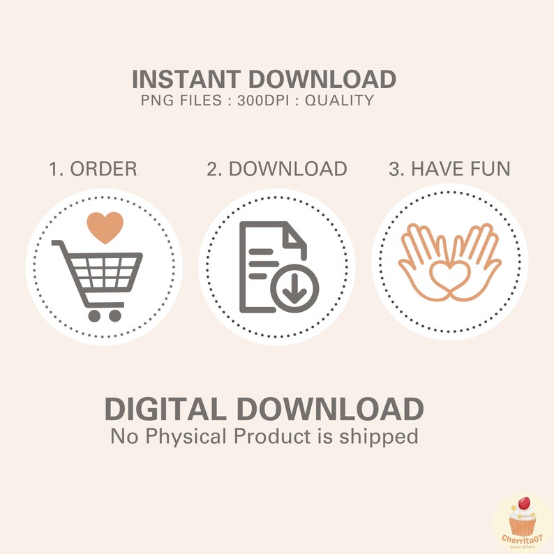 K&ouml;nnte beinhalten: Eine Grafik f&uuml;r den digitalen Download mit drei Symbolen, die die Schritte zum Kauf und Herunterladen eines digitalen Produkts darstellen. Die Symbole sind ein Einkaufswagen mit einem Herzen, ein Dokument mit einem Download-Pfeil und zwei H&auml;nde, die ein Herz bilden. Der Text "INSTANT DOWNLOAD" befindet sich oben auf der Grafik, und der Text "DIGITAL DOWNLOAD" befindet sich unten auf der Grafik.