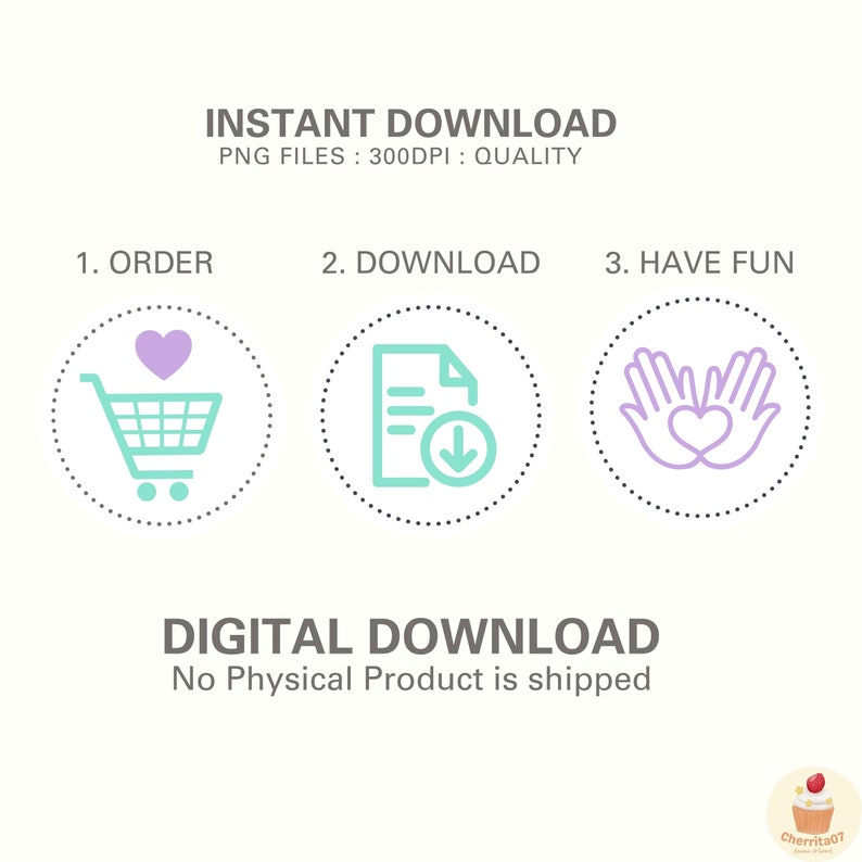 K&ouml;nnte beinhalten: Illustration von drei Schritten zum Herunterladen eines digitalen Produkts: 1. Bestellen, 2. Herunterladen, 3. Spa&szlig; haben. Der erste Schritt zeigt einen Einkaufswagen mit einem Herzen, der zweite Schritt zeigt ein Dokument mit einem Download-Pfeil und der dritte Schritt zeigt zwei H&auml;nde, die eine Herzform bilden.