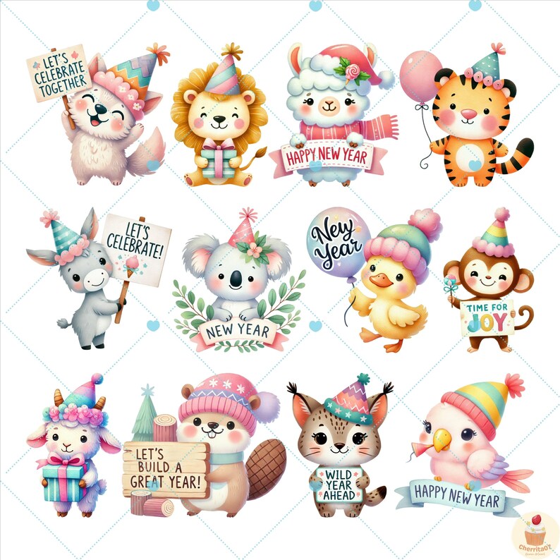 Może przedstawiać: Zestaw 12 cyfrowych obraz&oacute;w clipart z uroczymi postaciami zwierząt, kt&oacute;re świętują Nowy Rok. Zwierzęta to: lama, tygrys, koala, osioł, kaczka, małpa, b&oacute;br, wiewi&oacute;rka, ptak i lis. Każde zwierzę ma na sobie czapkę imprezową i trzyma znak z noworocznym przesłaniem.