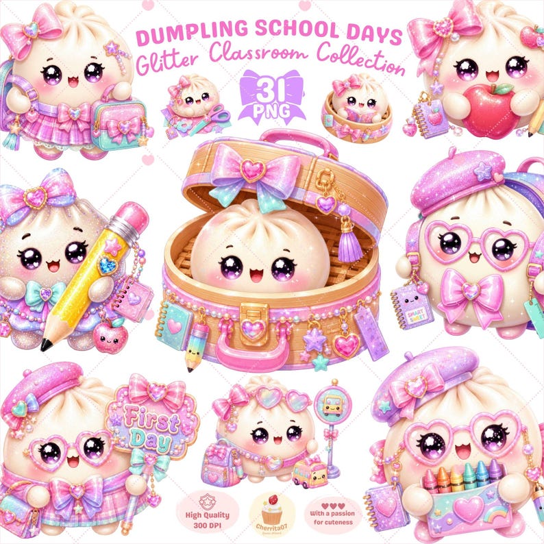 以下が含まれることがあります： Dumpling School Days Glitter Classroom Collectionというタイトルの31個のPNG画像デジタルコレクション。大きな目、ピンクのリボン、鉛筆やバックパックなどの学用品を身につけた、パステルカラーの餃子のキャラクターが描かれています。