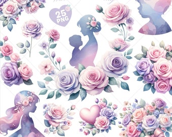 Mother&#39;s Day Rose Clipart, Rose png, Floral border, Dusty rose, Pastel Floral, Soft lavender color, Pink Flower, Card Making, Commercial Use