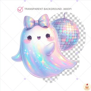 May include: A cute, cartoon ghost with a pastel rainbow color scheme, a bow, and a disco ball. The ghost has large eyes, rosy cheeks, and a smiling mouth. The disco ball is made of many small, reflective squares. The text "TRANSPARENT BACKGROUND -300DPI" is visible.