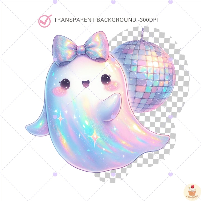 May include: A cute, cartoon ghost with a pastel rainbow color scheme, a bow, and a disco ball. The ghost has large eyes, rosy cheeks, and a smiling mouth. The disco ball is made of many small, reflective squares. The text "TRANSPARENT BACKGROUND -300DPI" is visible.
