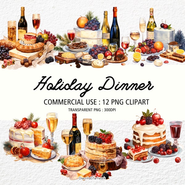 Party food clipart, Holiday dinner Transparent 12 PNG 300 dpi, New Year, champagne, banquet food, clipart, Digital Download, Commercial Use