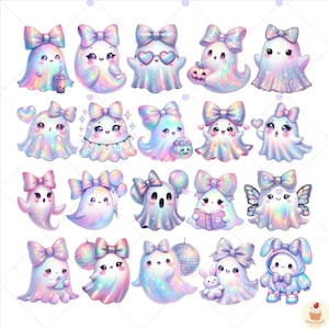 May include: A collection of cute, pastel-colored ghost illustrations. Each ghost has a large bow and various accessories, including hearts, balloons, and a pumpkin. The ghosts are in shades of pink, blue, and purple.