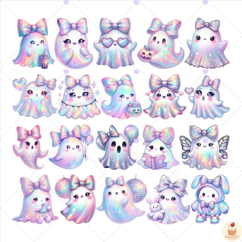 May include: A collection of cute, pastel-colored ghost illustrations. Each ghost has a large bow and various accessories, including hearts, balloons, and a pumpkin. The ghosts are in shades of pink, blue, and purple.