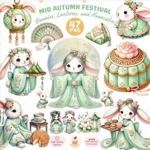Clipart del Festival del Medio Otoño, clipart de conejito, clipart de otoño, png de luna, festival de la cosecha, png de animales lindos, clipart de pastel de luna, uso comercial