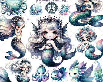 Dark Siren Mermaid Clipart: Gothic Sea Witch PNG Grafik (kommerzielle Nutzung, digitaler Download)
