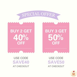 May include: A promotional graphic with a light purple banner reading "SPECIAL OFFER." Two pink coupons offer discounts: "BUY 2 GET 40% OFF" and "BUY 3 GET 50% OFF." Each coupon includes a unique code: SAVE40 and SAVE50, to be used at checkout.