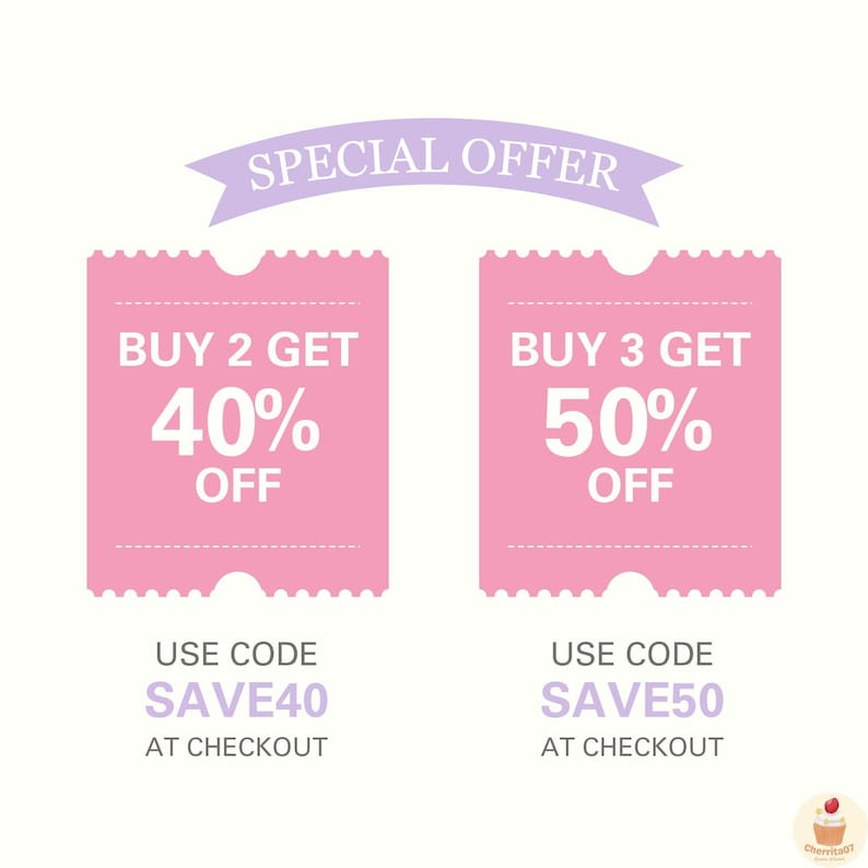 May include: A promotional graphic with a light purple banner reading "SPECIAL OFFER." Two pink coupons offer discounts: "BUY 2 GET 40% OFF" and "BUY 3 GET 50% OFF." Each coupon includes a unique code: SAVE40 and SAVE50, to be used at checkout.