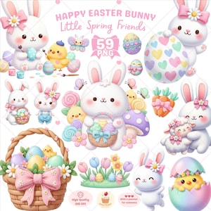 May include: A collection of cute Easter-themed illustrations featuring white bunnies, chicks, decorated eggs, butterflies, and flowers. The text "HAPPY EASTER BUNNY Little Spring Friends" is displayed. The image includes a basket with a pink bow.