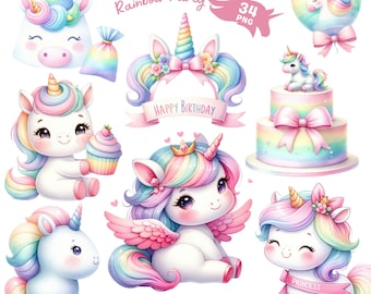 Einhorn Geburtstag Clipart, Regenbogen Party Clipart, magisches Einhorn PNG, Aquarell Geburtstag Mädchen Clipart, erster Geburtstag Clipart, kommerzielle Nutzung