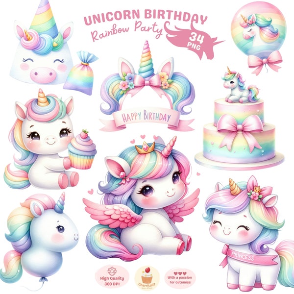 Unicorn Birthday Clipart, Rainbow Party Clipart, Magic Unicorn PNG, Watercolor Birthday Girl Clipart, First Birthday Clipart, Commercial Use