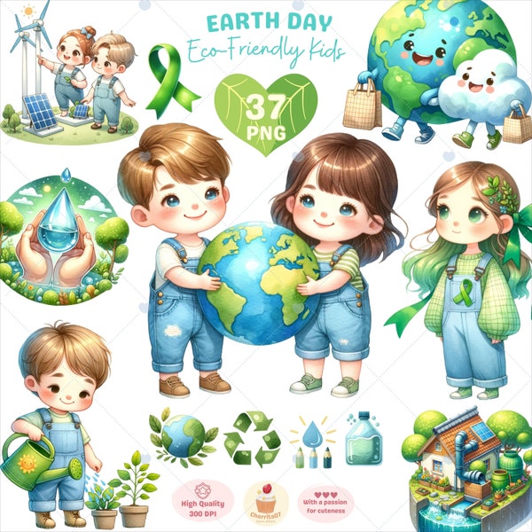 Earth Day Clipart, Eco-Friendly Kid, Love Earth png, Green Living clipart, nature clipart, green blue earth, Recycle png, commercial use