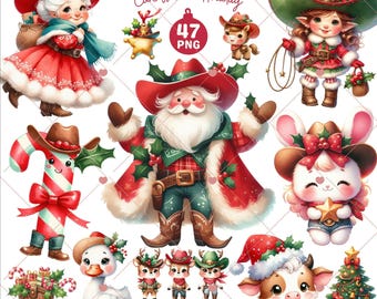 Howdy Weihnachten Clipart: Western Cowboy Nikolaus & Bauernhof Tiere Urlaub Bundle (47 PNG)