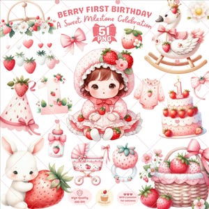 Clipart premier anniversaire de baies, png d'anniversaire de fille, fraise clipart, clipart enfant en bas âge, baby shower de baies, jalon de la 1ère année, usage Commercial
