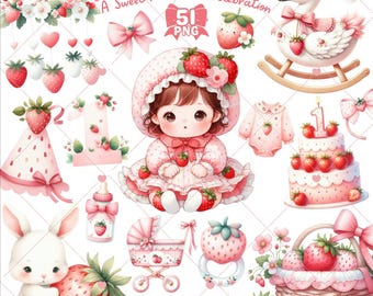 Berry First Birthday Clipart: Strawberry Girl, Cake, Animals (Digital Download, Commercial Use PNGs)