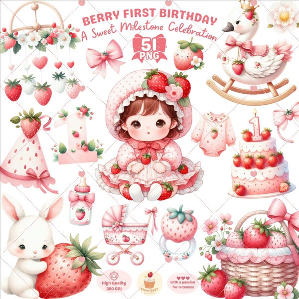 Berry First Birthday Clipart: Strawberry Girl, Cake, Animals (Digital Download, Commercial Use PNGs)