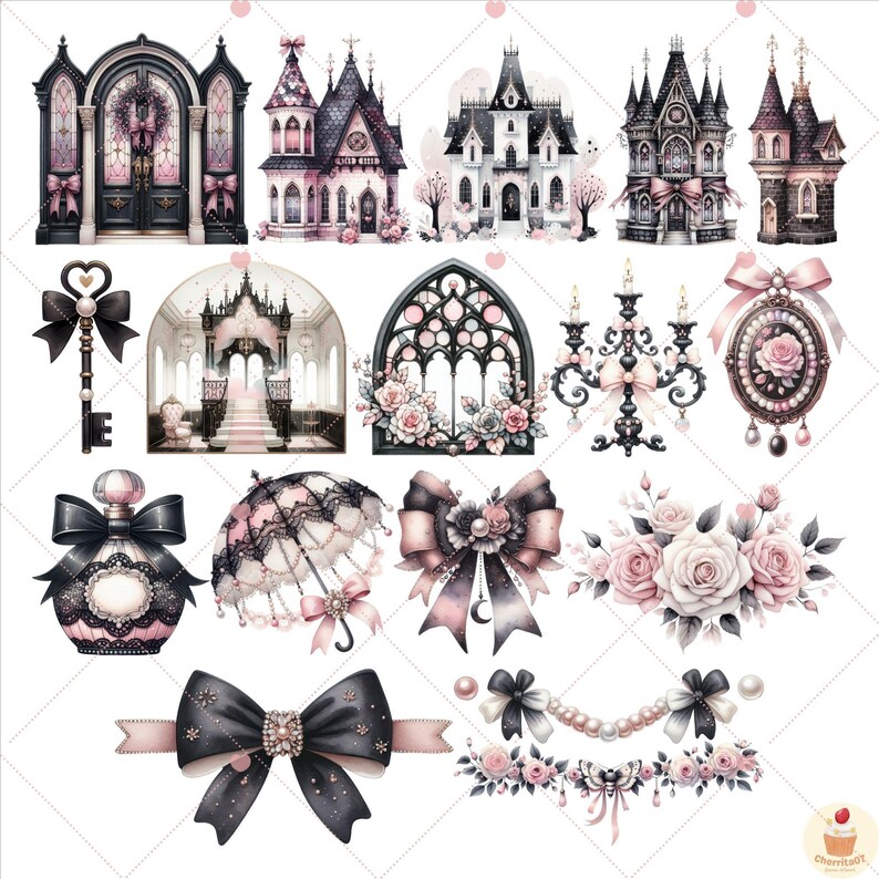 Puede incluir: Ilustraciones en acuarela de edificios de estilo g&oacute;tico, llaves, lazos y arreglos florales en negro, rosa y blanco. Incluye un frasco de perfume, un paraguas decorativo y una l&aacute;mpara de ara&ntilde;a.