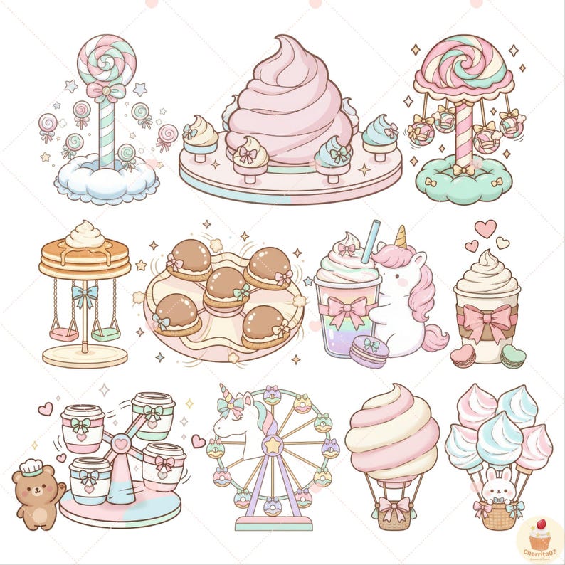 Candy Ride Fair Pastel Carnival Clipart: Cute Candy Rides and Dessert Fair PNG Bundle ...