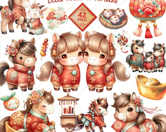 Lunar New Year Horse Clipart, Cute Chinese Zodiac Animal PNG Bundle for CNY Festival Crafts