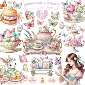 Imágenes prediseñadas de fiesta de té de primavera, imágenes prediseñadas de Pascua, mariposa png, imágenes prediseñadas de flores de primavera, mujer png, postre png, imágenes prediseñadas de coqueta, uso comercial
