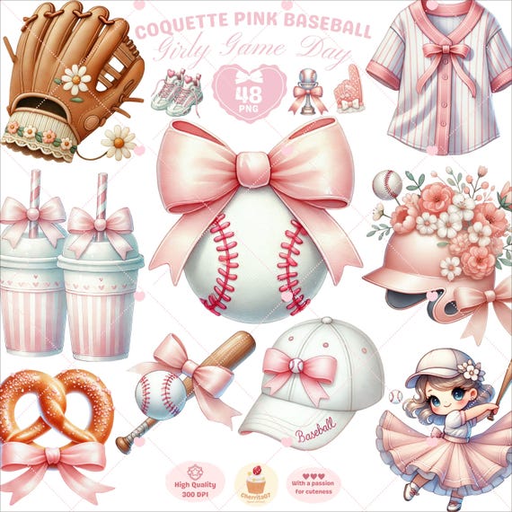 Coquette Baseball Clipart: Pink Ribbon PNG (Digital Download)