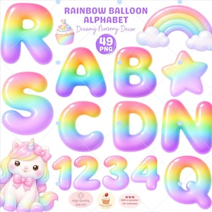 Könnte beinhalten: Eine Sammlung von Regenbogen-Ballon-Alphabetbuchstaben, Zahlen und anderen Grafiken. Das Bild enthält die Buchstaben A, B, C, D, N, Q, R und S sowie die Zahlen 1, 2, 3 und 4. Ein Regenbogen, ein Stern, ein Cupcake und ein Einhorn sind ebenfalls abgebildet.