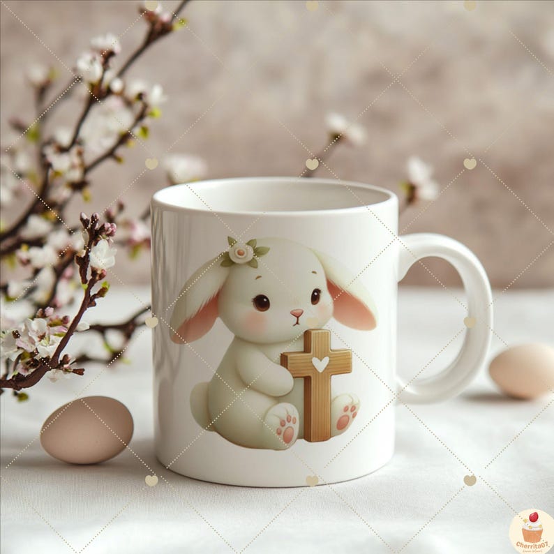 May include: White ceramic mug with a cartoon image of a white bunny holding a wooden cross with a heart on it. The bunny has pink ears and a white flower on its head.