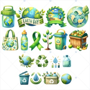 May include: A collection of colorful illustrations related to Earth Day and recycling.  The illustrations include a globe, a recycling symbol, a green ribbon, a water drop, a trash can, a bag, a bottle, a tree, and a box.  The text "EARTH DAY" is included in the image.