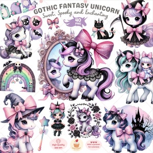 Gothic Fantasy Einhorn Clipart, Einhorn Png, Halloween Clipart, Pastell Goth Clipart, Fantasy Clipart, Regenbogen Png, Hexe PNG, kommerzielle Nutzung