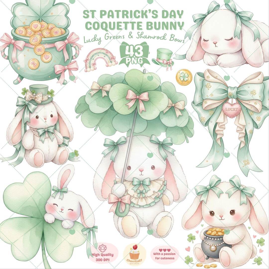 St Patrick's Day Bunny Clipart, Watercolor Lucky Rabbit PNG, Coquette ...