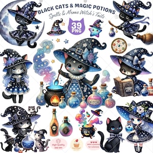 May include: A set of 39 digital illustrations featuring black cats dressed as witches with stars, moons, and magic potions. The illustrations are in a cartoon style and are perfect for crafting projects, scrapbooking, and digital design.