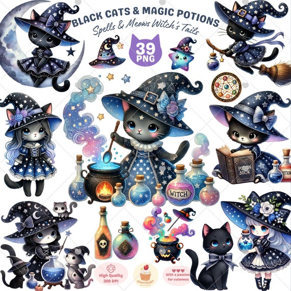 Black Cats and Magic Potions, Cat Png, Halloween clipart, Witch Clipart, Fantasy Clipart, Magical Cat png, Potion Bottle png, Commercial Use