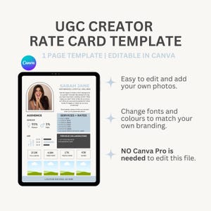 Modelo de cartão de taxa UGC editável, planilha de taxa moderna, kit de mídia, cartão de taxa de portfólio, cartão de taxa de influenciador do Instagram, modelo Canva