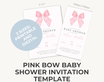 Editable Pink Baby Shower Invitation Template | Pink Bow Baby Shower Invite | Canva Invite Templates | Baby Girl Baby Shower Invitations