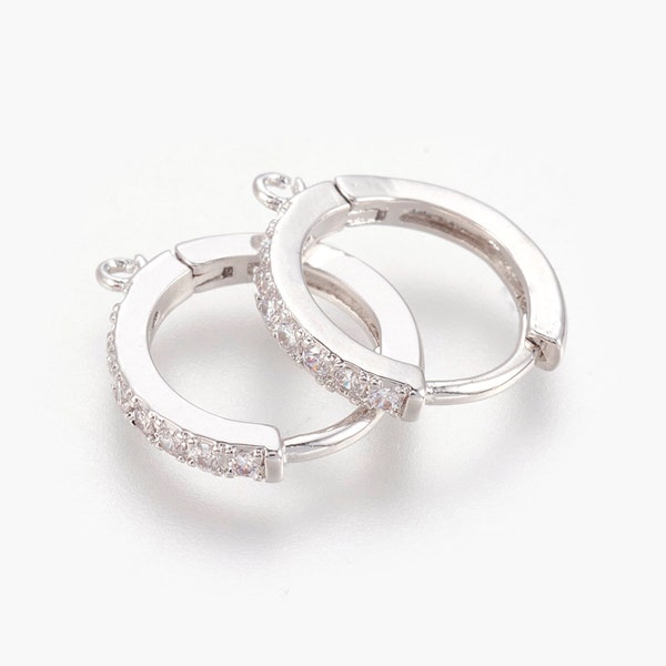 1 pair Silver Micro Pave Cubic Zirconia French Lever Back Hook, Huggie Hoops Earring Findings with Loop 16x14x2mm