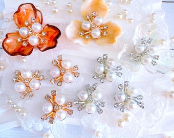 4 pcs or/argent strass et perles fleur design cabochons, boutons flocon de neige, fabrication de bijoux DIY pour accessoires, chapeaux, épingle à cheveux 20-23 mm